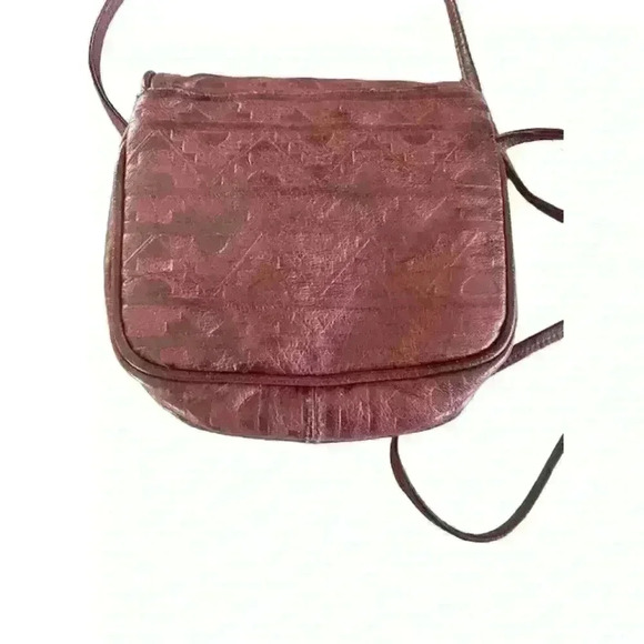 Bass Burgundy Crossbody Bag, Embossed Leather Southwest Symbol Designs - Picture 4 of 5